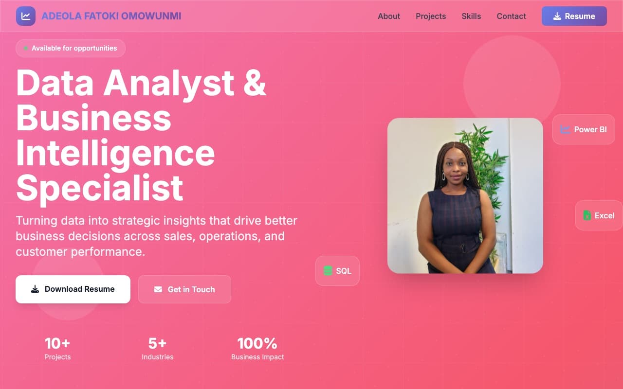 Screenshot of Adeola Fatoki Omowunmi's portfolio: Live analytics portfolio with end-to-end project work