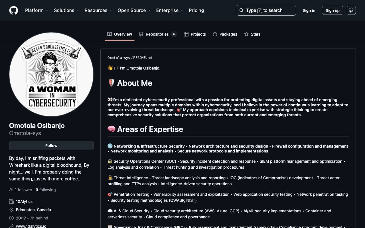 Screenshot of Omotola Osibanjo's portfolio: Security-focused GitHub portfolio with investigation documentation