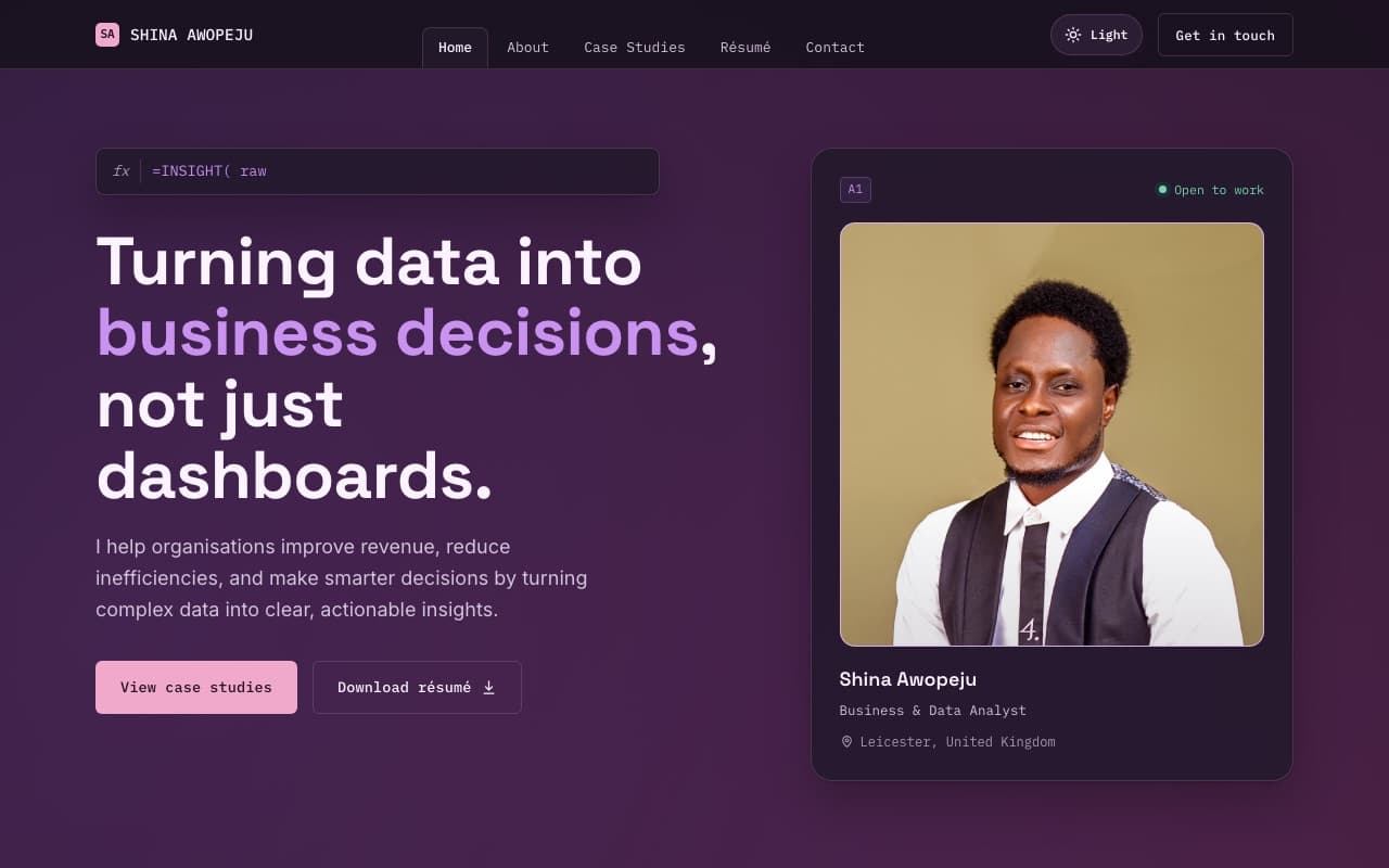 Screenshot of Shina Awopeju's portfolio: Business analysis portfolio with process mapping and stakeholder work